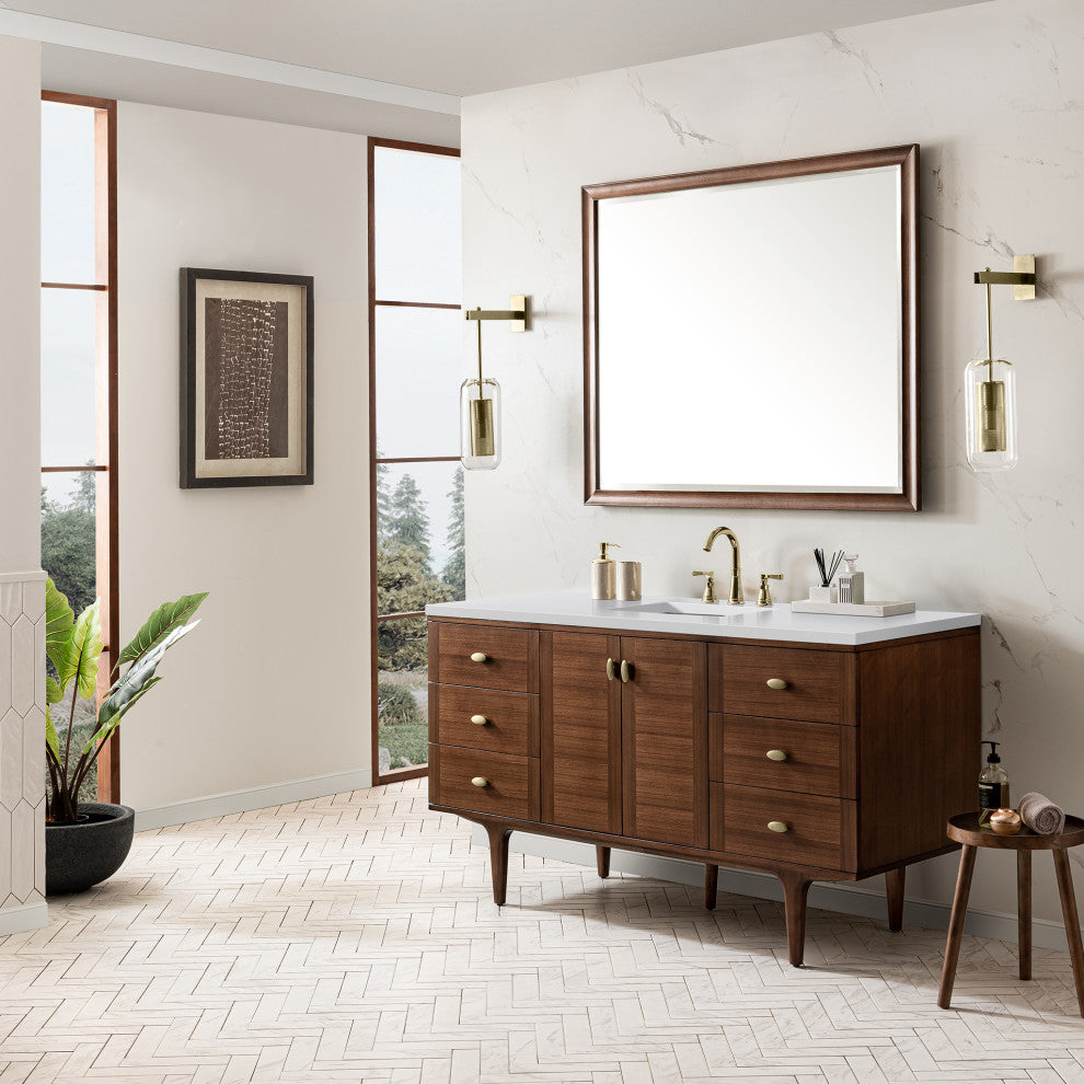 Amberly 30" Single Vanity, Mid-Century Walnut, 72", White Zeus, Three-Hole