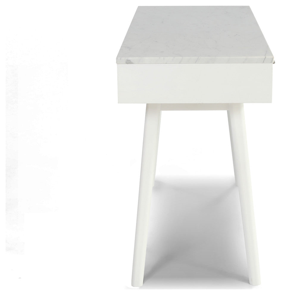 Viola 44" Rectangular Italian Carrara White Marble Writing Desk, White, 18" Wide