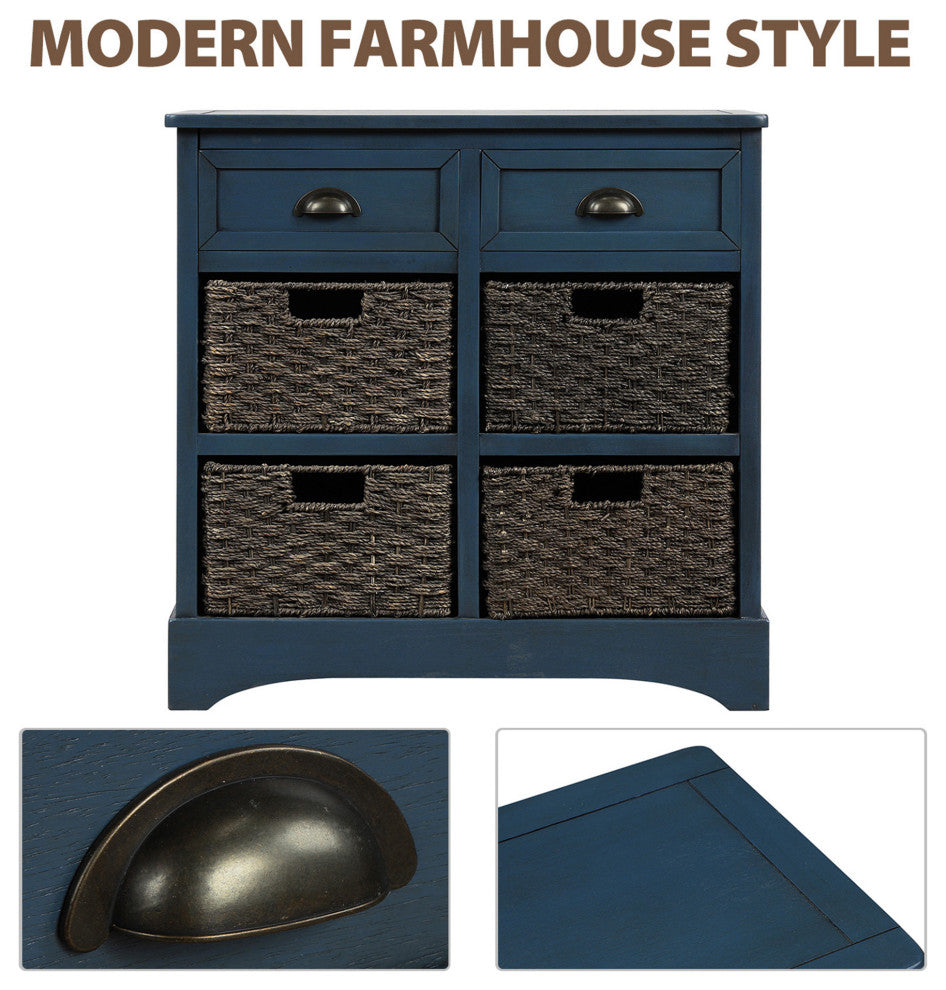 28" Wood 2 Drawers Storage Cabinet with 4 Rattan Basket, Antique Navy, 28" Tall