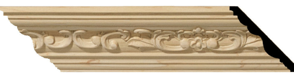 2 1/4"H x 2 3/8"P x 3 1/4"F x 96"L Medway Carved Wood Crown Moulding, Alder