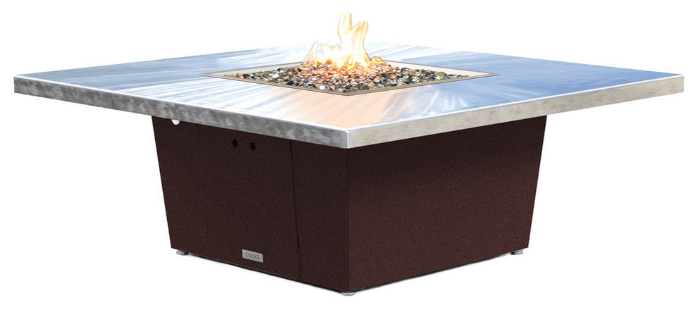 Square Fire Pit Table, Large 56x56, Natural Gas, Brushed Aluminum Top, Dark Cher