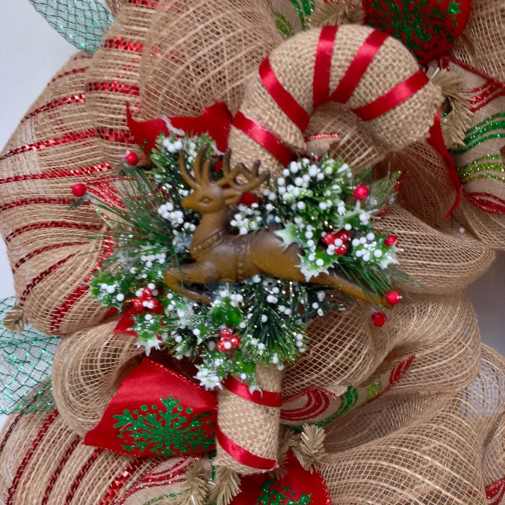 Burlap Candy Cane Deco Mesh Handmade Christmas Wreath