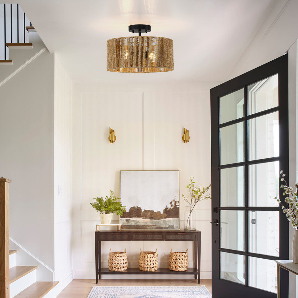 14" W 2-Light Woven Rope Drum Semi-Flush Mount Ceiling Light, Natural