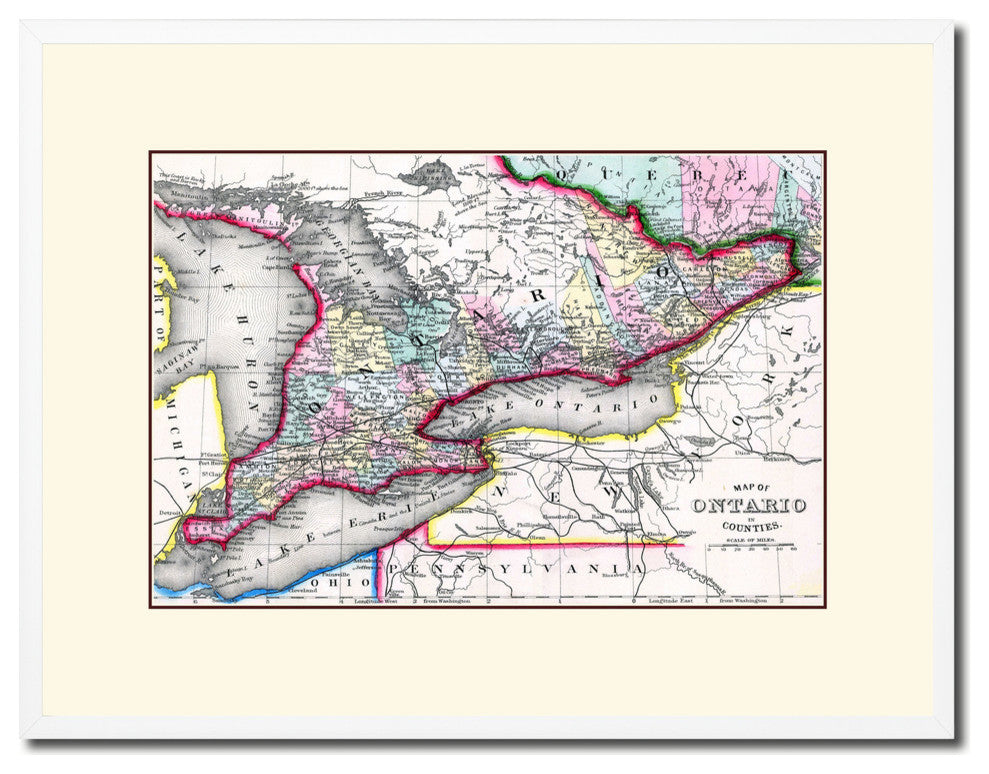 Ontario, Canada Old Map Print On Canvas With Frame Art Collection 16" X 21"