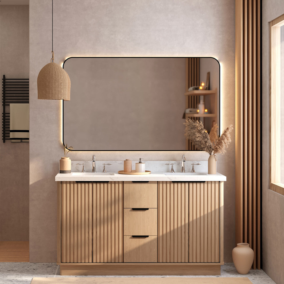 Kathryn Bathroom Vanity, Light Oak, 60", Double Sink, Freestanding