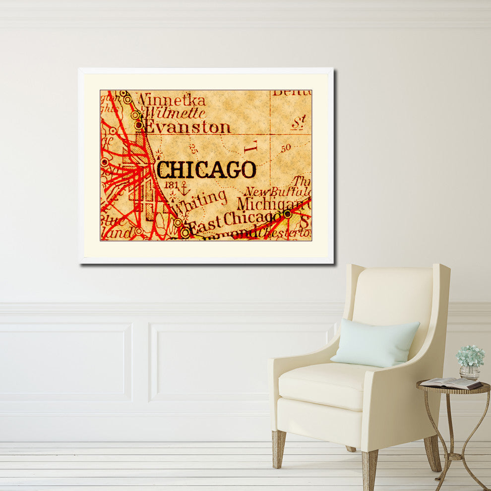 Chicago Illinois Vintage Old Map Print On Canvas With Picture Frame 28" X 37"