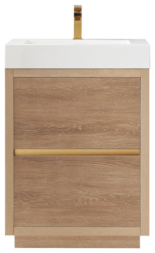 Huesca Bath Vanity, Integrated Sink Top, North American Oak, 24", Without Mirror