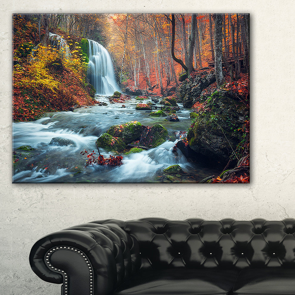 "Autumn Mountain Waterfall Long View" Landscape Photo Wall Art, 1 Panel, 60"x28"