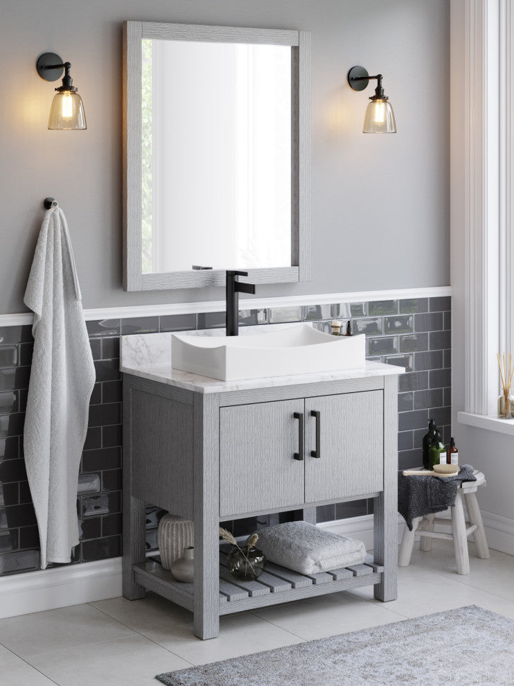 Modern White Rectangle Porcelain Vessel Sink with Drain, Matte Black