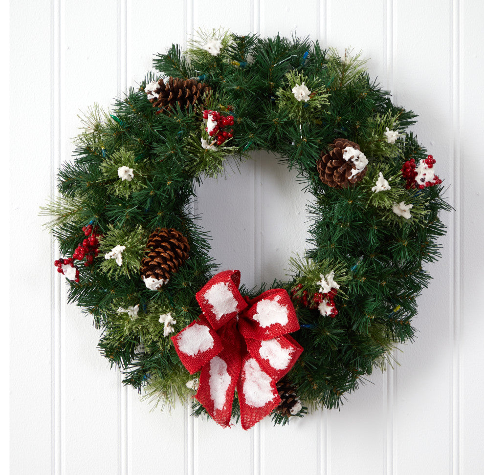 24" Snow Tipped Berry and Pinecone Faux Wreath With Bow and 50 LED Lights