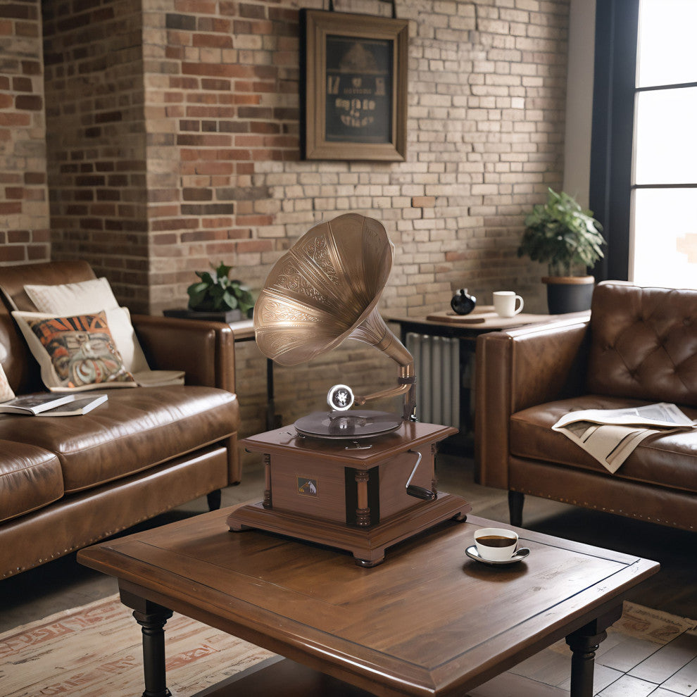 Decorative Antique-Style RCA Victor Phonograph Gramophone With Brass Horn