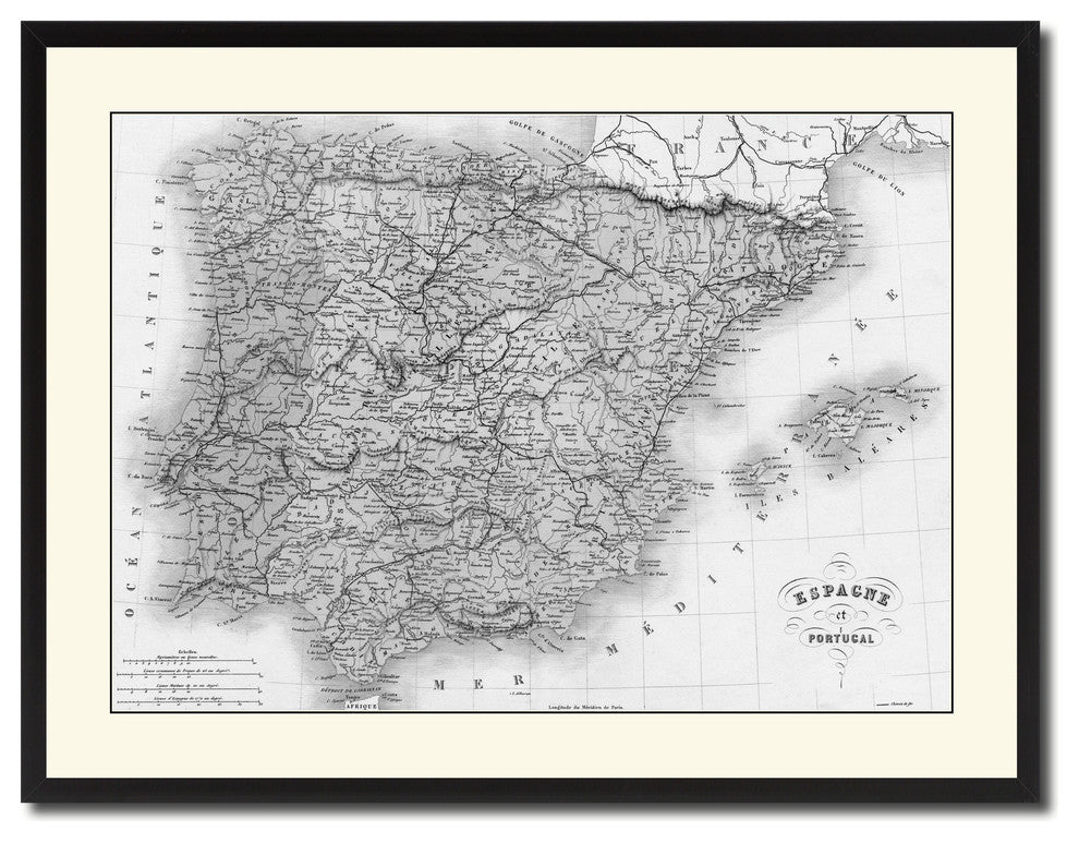 Spain Portugal Vintage B&W Map Canvas Print, 28"x37"