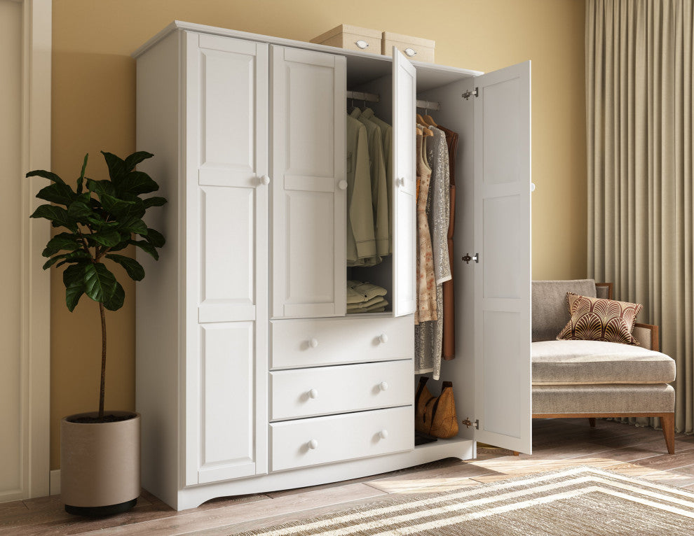 100% Solid Wood Family Wardrobe Armoire, White