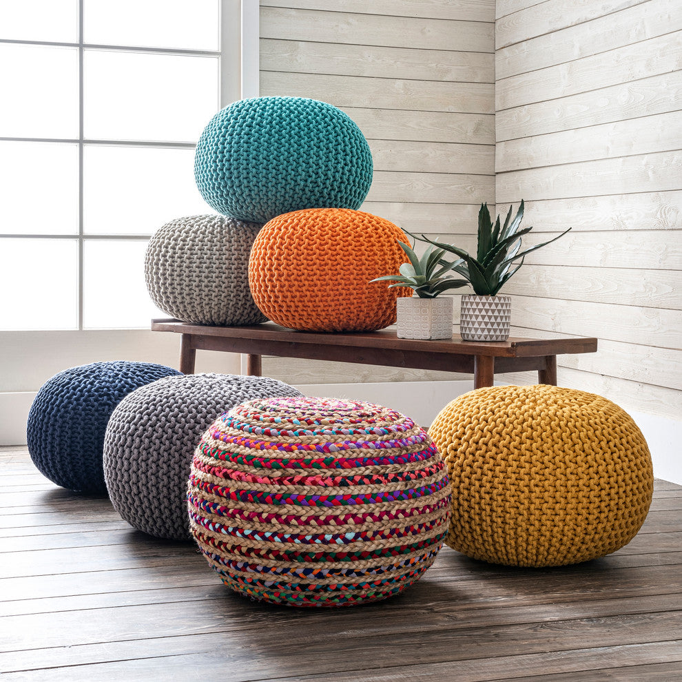 Nuloom Knitted Cotton Ling Contemporary Pouf, Orange 20"x14"