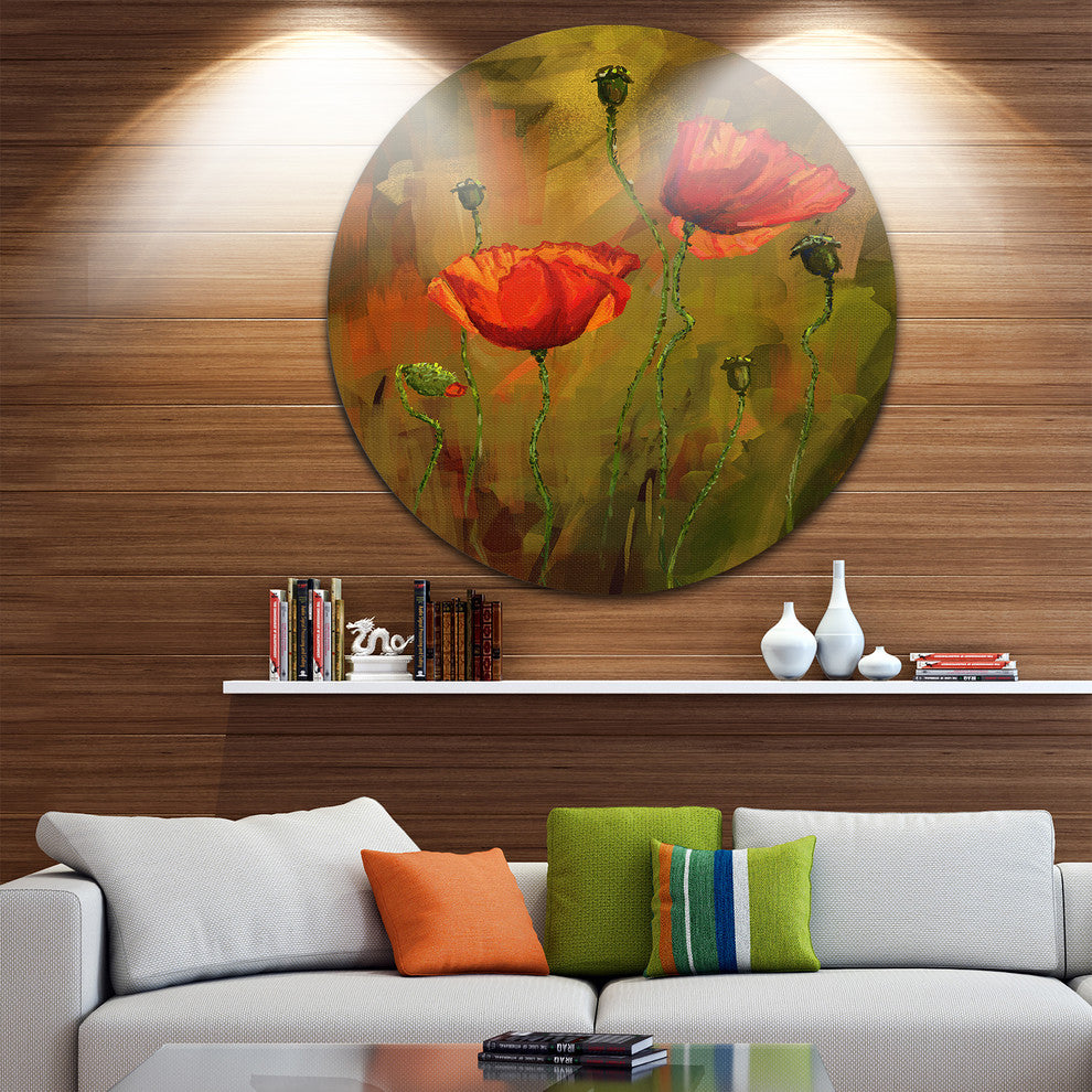 Watercolor Poppy Flowers, Floral Disc Metal Artwork, 23"