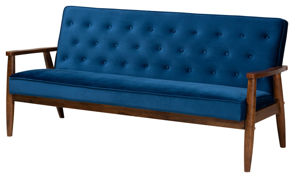 Sorrento Navy Blue Velvet Fabric Walnut Wooden 3-Seater Sofa