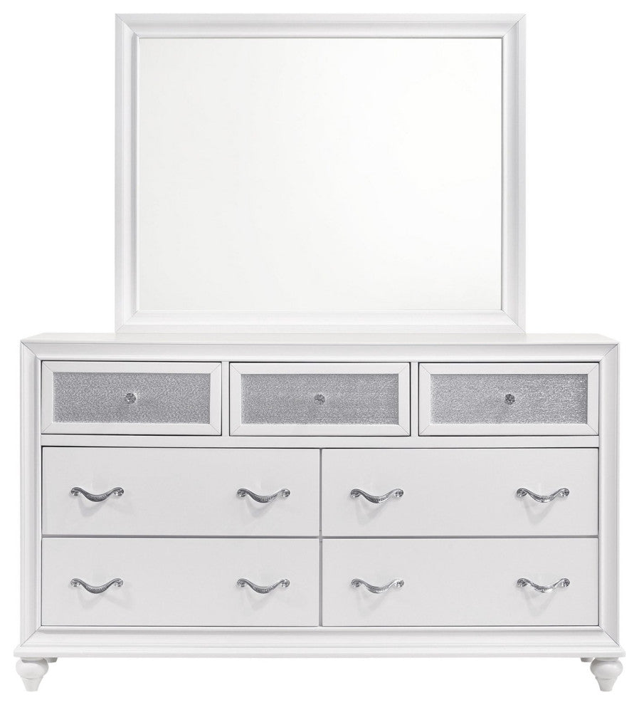 Contemporary Double Dresser, Glittering Accents & Diamond Chrome Hardware, White
