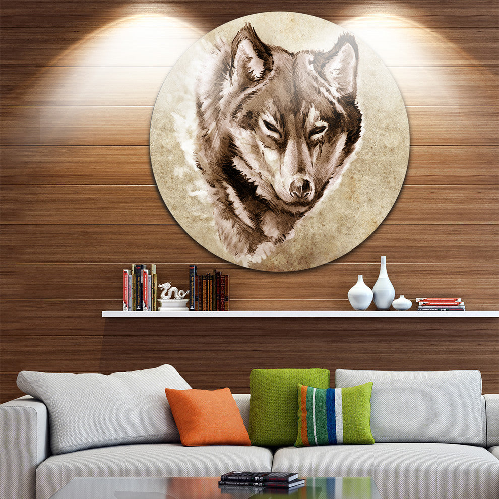 Wolf Head Tattoo Sketch, Digital Art Round Wall Art, 36"