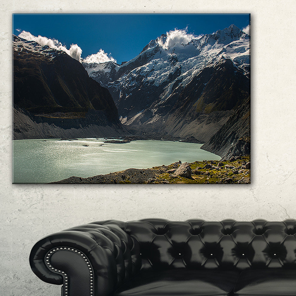 "Frosty Mountains Over Blue Lake" Landscape Art Print Canvas, 40"x20"
