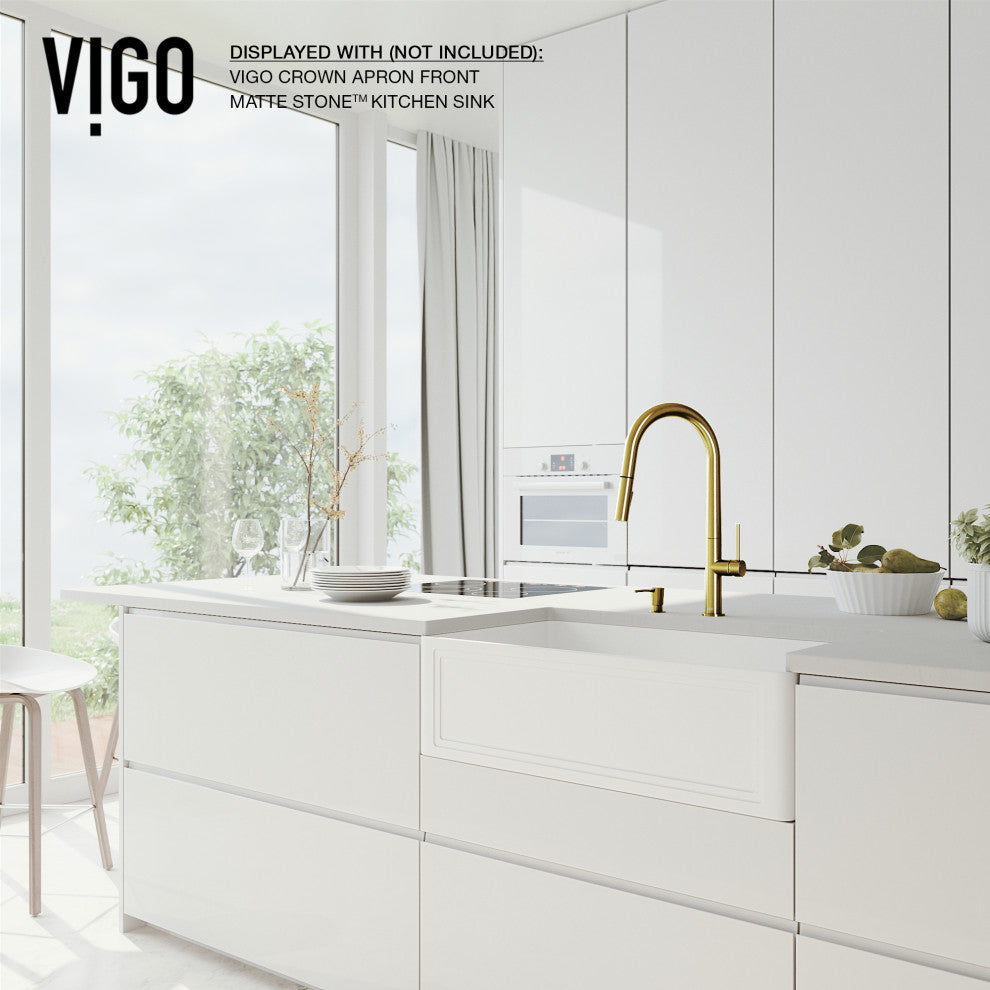 VIGO Greenwich 18" H Single Handle Pull-Down Sprayer Kitchen Faucet, Matte Brushed Gold, No Sensor, With Soap Dispenser
