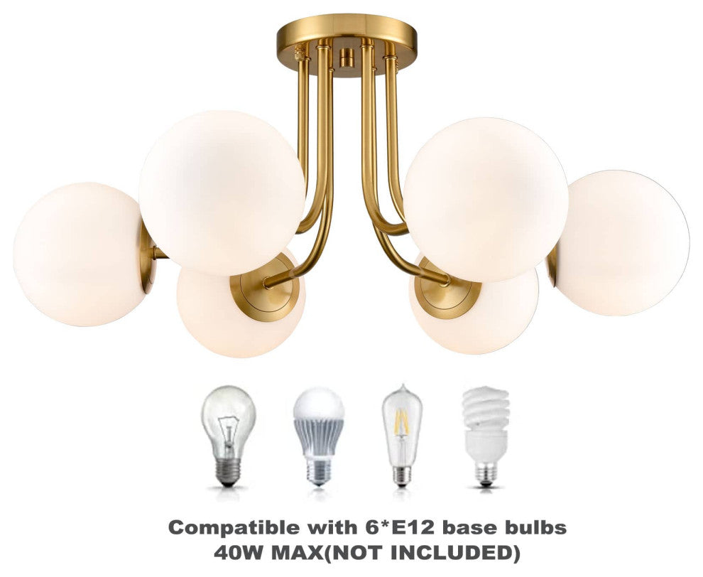 Modern Brass Globe Ceiling Light 6-Light With Opal Glass