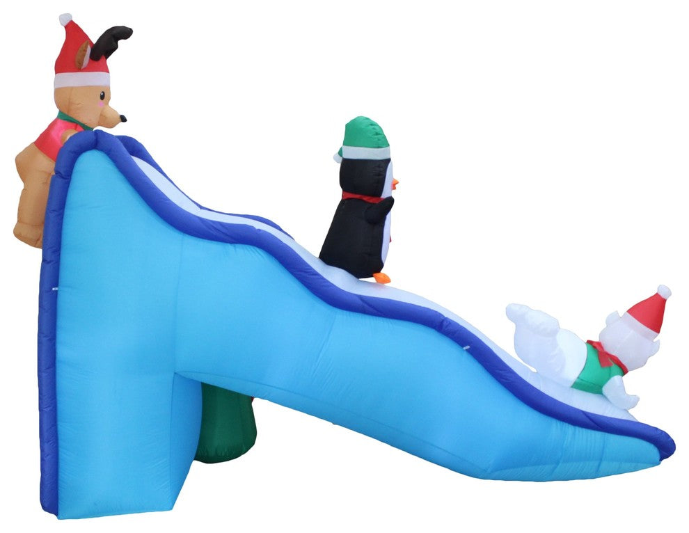 Inflatable Trio Polar Bear, Penguin and Reindeer Playing On Slide, 9'