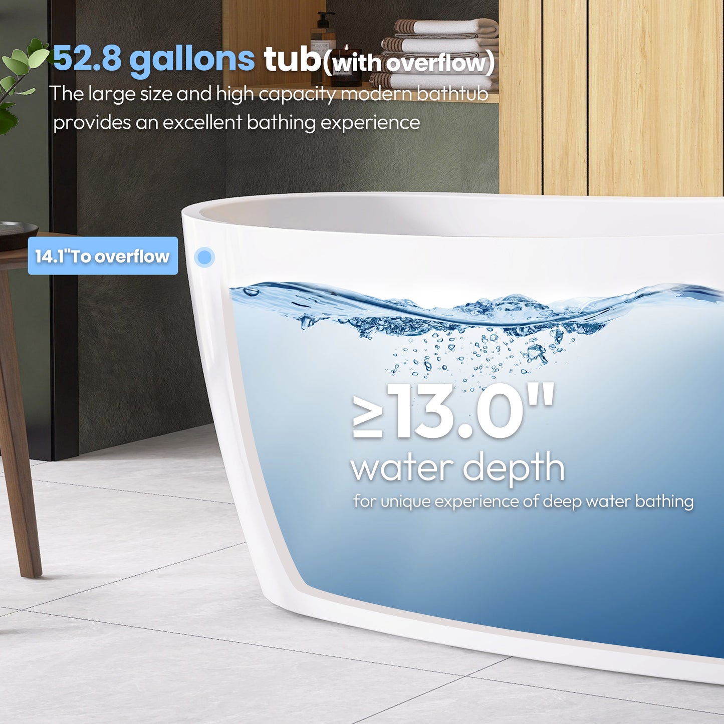 Lahore Freestanding Acrylic Soaking Bathtub, White, 59.1"l X 29.1"w