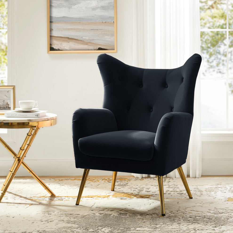 Tufted Accent Chair With Golden Legs, Black