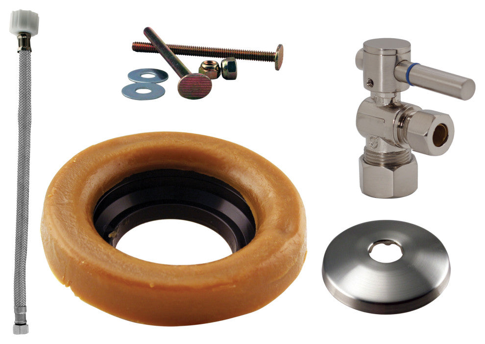 Toilet Kit With 1/4-Turn Stop And Wax Ring - Lever Handle In Polished Chrome, Satin Nickel