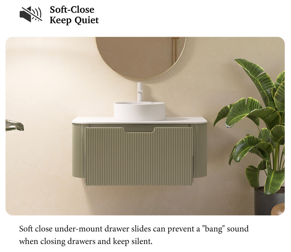 Wall-Mounted Bathroom Vanity With White Round Ceramic Basin, Light Green, 36"
