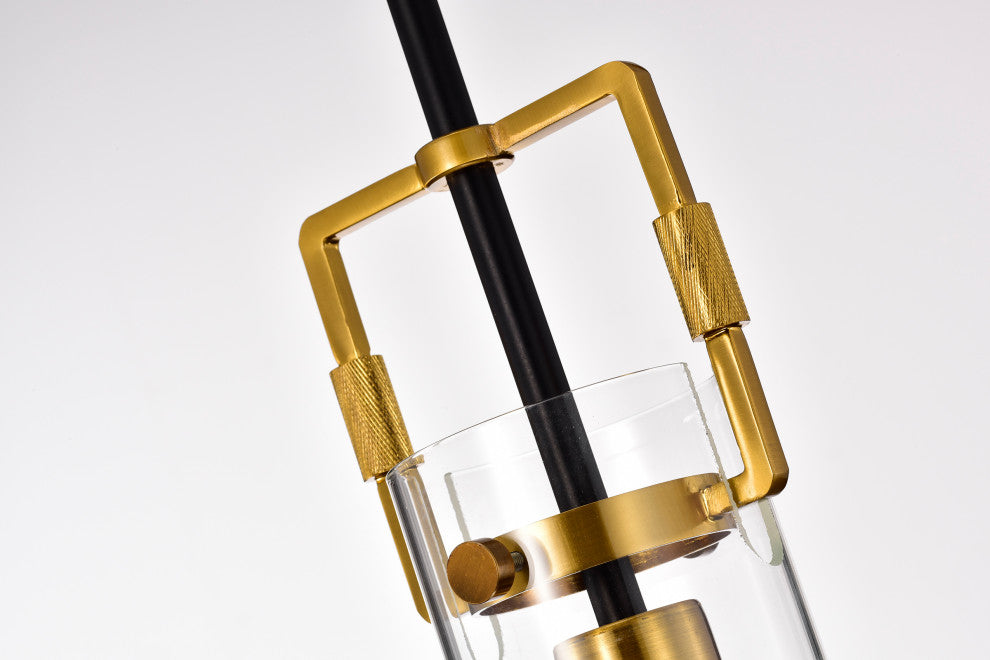 1-Light Black and Antique Gold Mini Pendant With Clear Cylindrical Glass ShadeFe