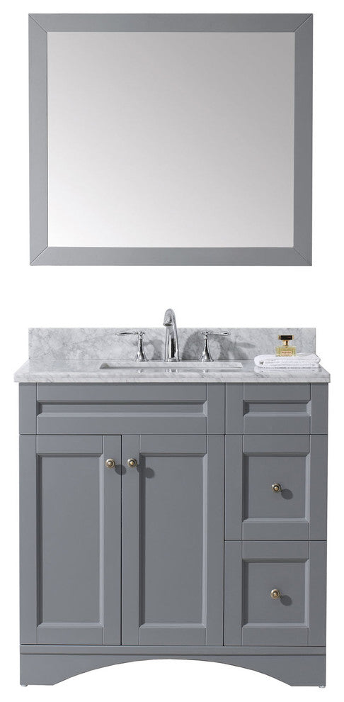 Virtu Elise 36" Single Bathroom Vanity, Gray With Marble Top, With Mirror