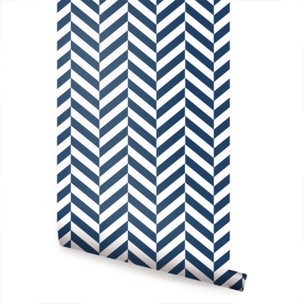 Herringbone Solid Peel and Stick Vinyl Wallpaper, Navy, 24"w X 60"h