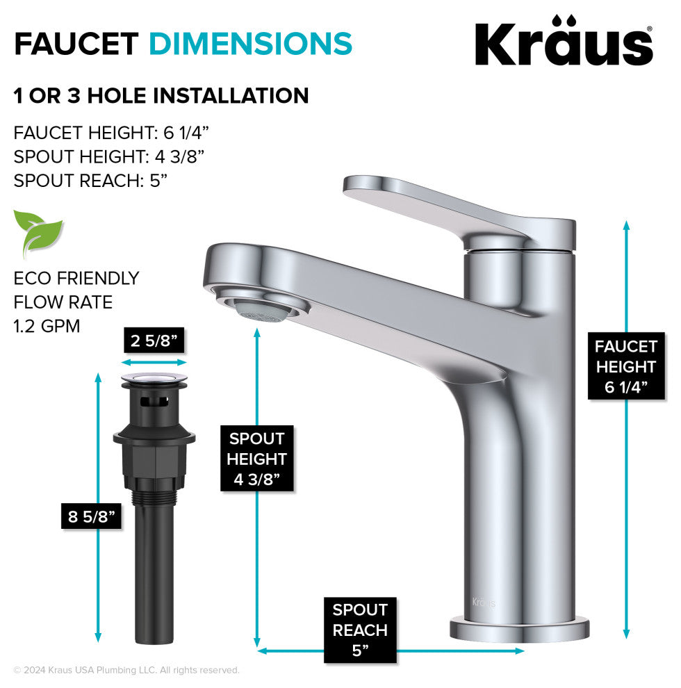 KRAUS Indy Single Handle Basin Bathroom Faucet Chrome, Pop Up Drain