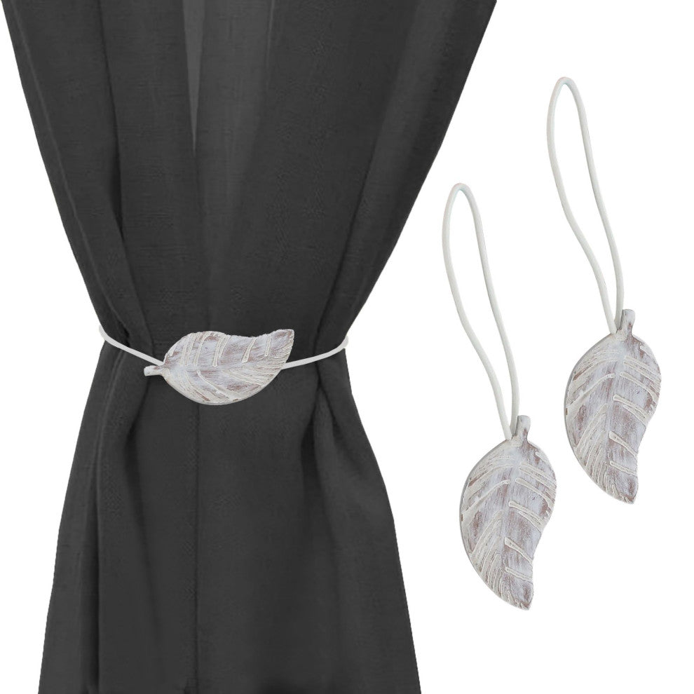 Magnetic Wooden Leaf Curtain Tiebacks, White, Pack of 2