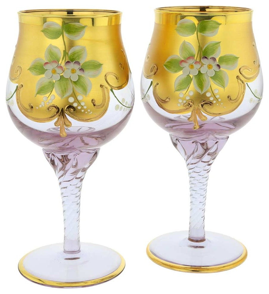 GlassOfVenice Set of Two Murano Glass Wine Glasses 24K Gold Leaf - Lavender