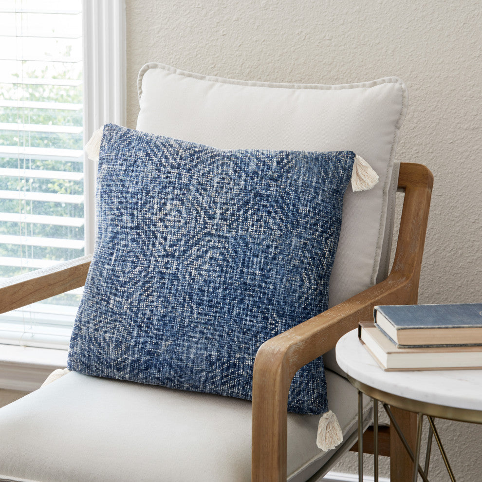 Blue 22"x22" Embroidered Pillow With Tassels