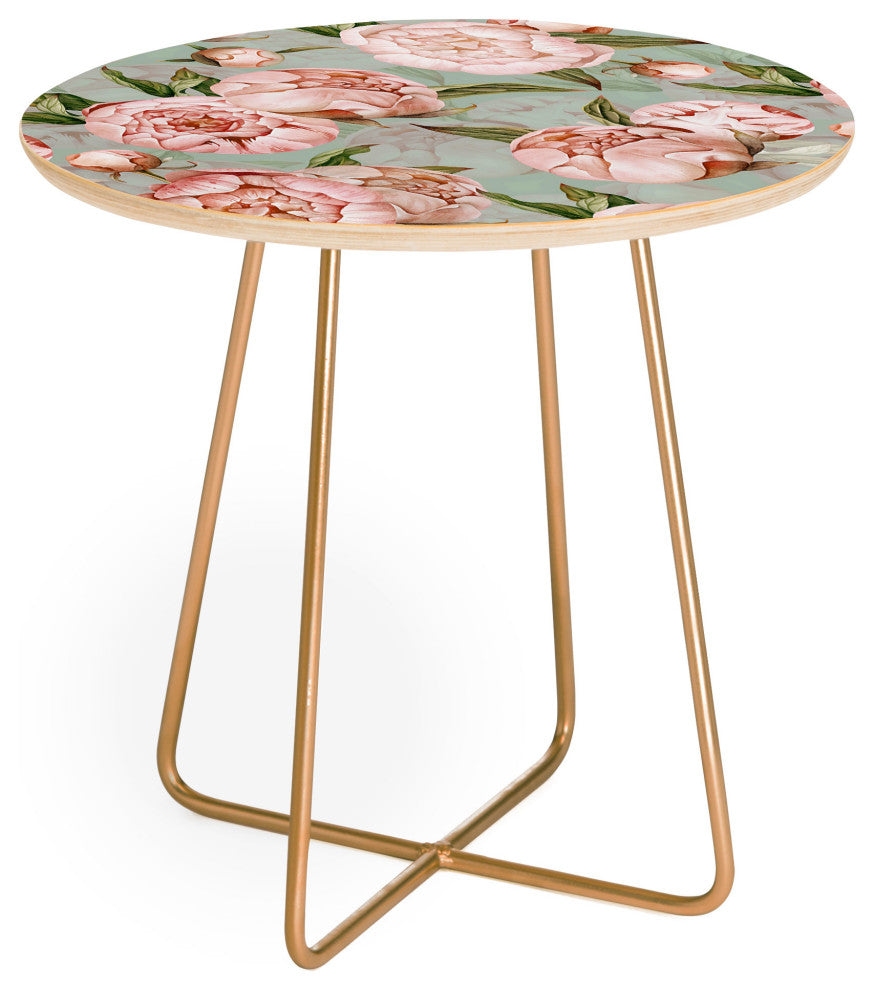 Deny Design UtArt Peach Peonies Watercolor on Teal Sepia Round Side Table