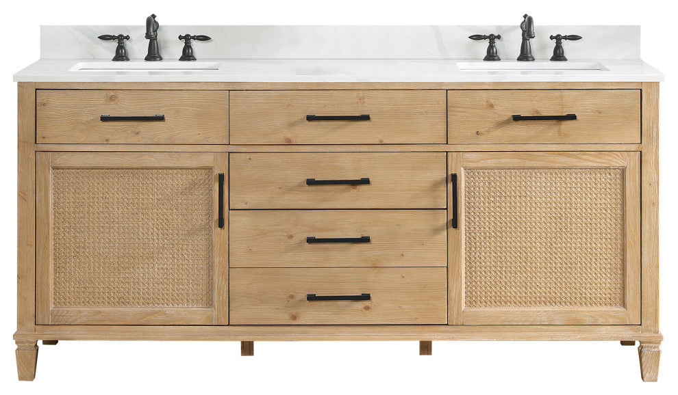 Solana Bathroom Vanity with Calacatta White Quartz Stone Countertop, Weathered Fir, 72", Without Mirror