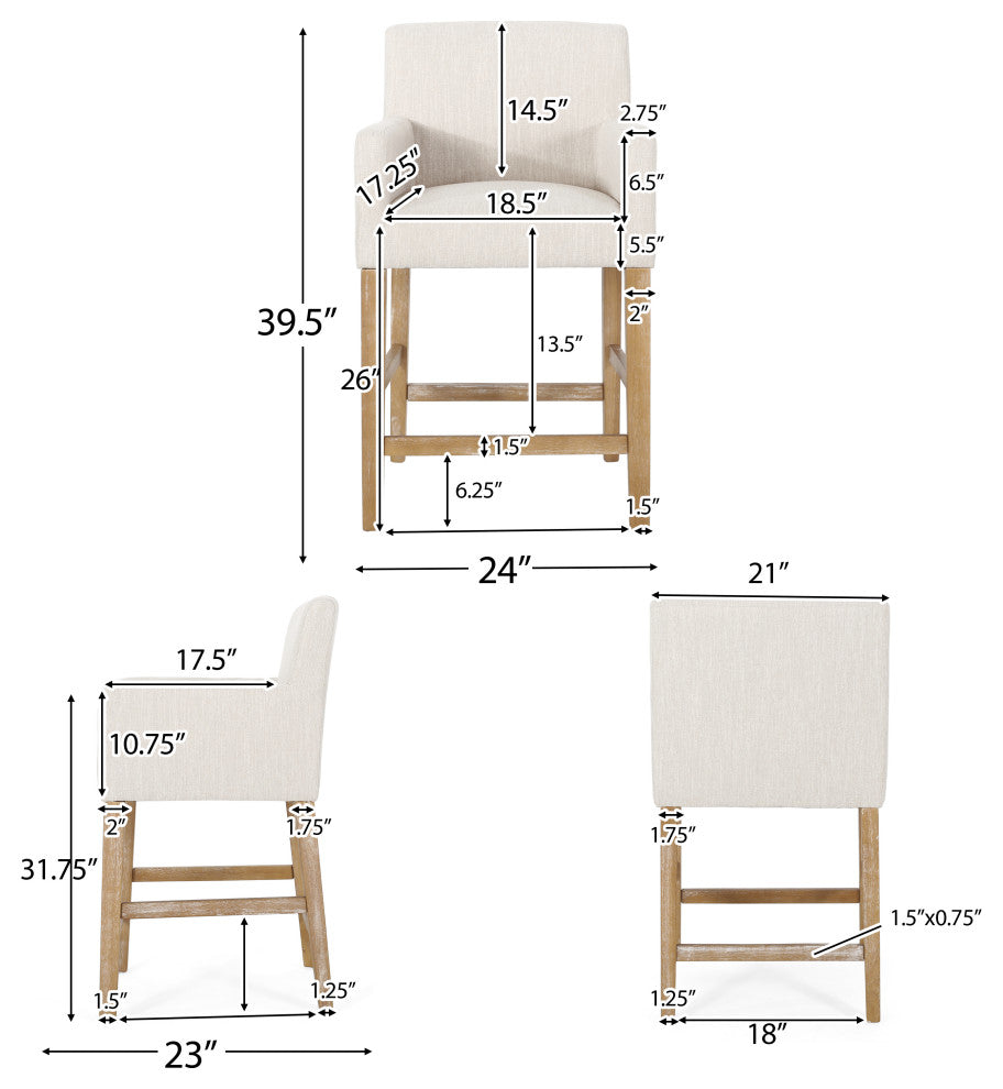 Chaparral Contemporary Fabric Upholstered Wood 26" Counter Stools, Set of 2, Beige/Weathered Natural