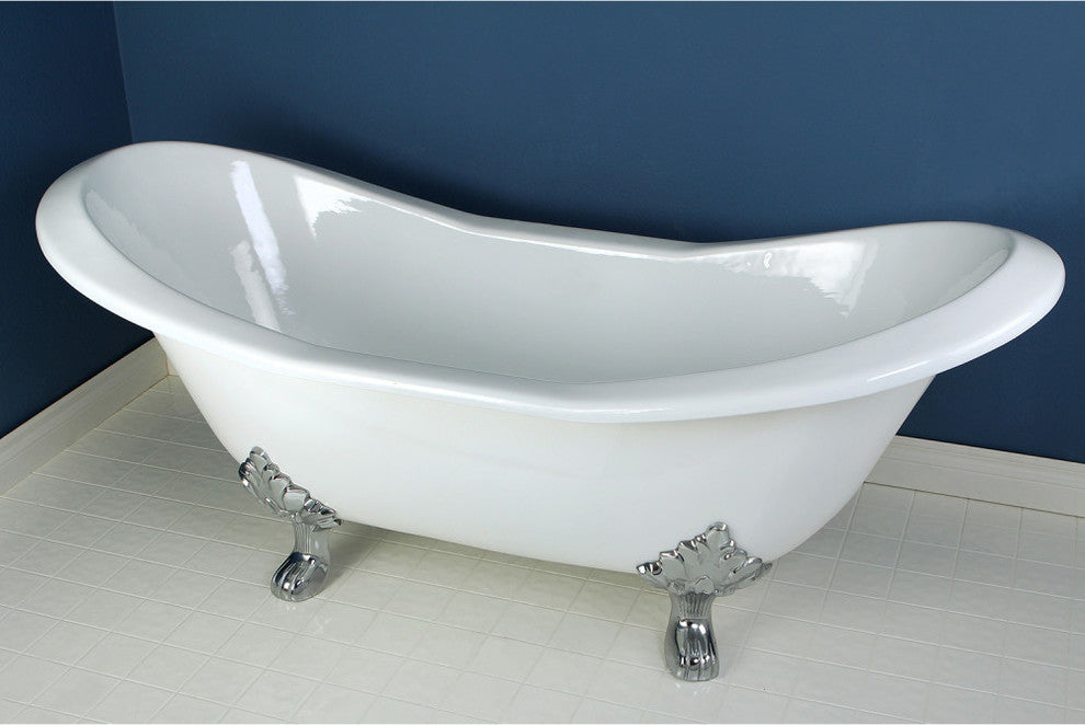 72" Cast Iron Double Slipper Clawfoot Tub w/7" Faucet Drillings, White/Chrome