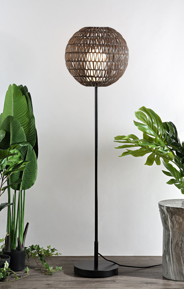 Bea 61" Outdoor Woven Globe LED Floor Lamp, Coffee and Black