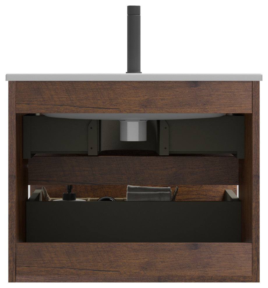 Wall-Mounted Bathroom Vanity Set with Ceramic Sink with one faucet hole, Walnut