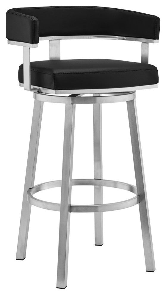 Lorin Black Faux Leather and Brushed Stainless Steel Swivel Bar Stool, 30 Inch