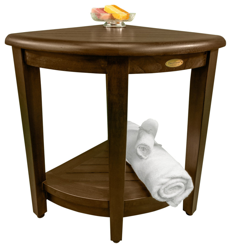 Oasis Teak Corner Shower Stool, Table With Shelf, 16"x18"