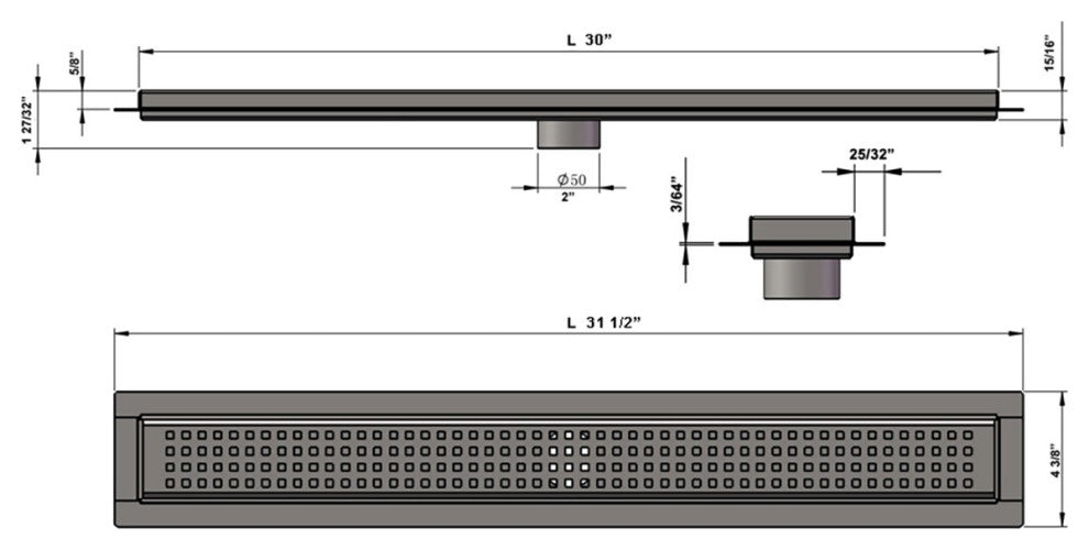 SereneDrains Linear Shower Drain 304 Brushed Stainless Steel Traditional Square, 30 Inch