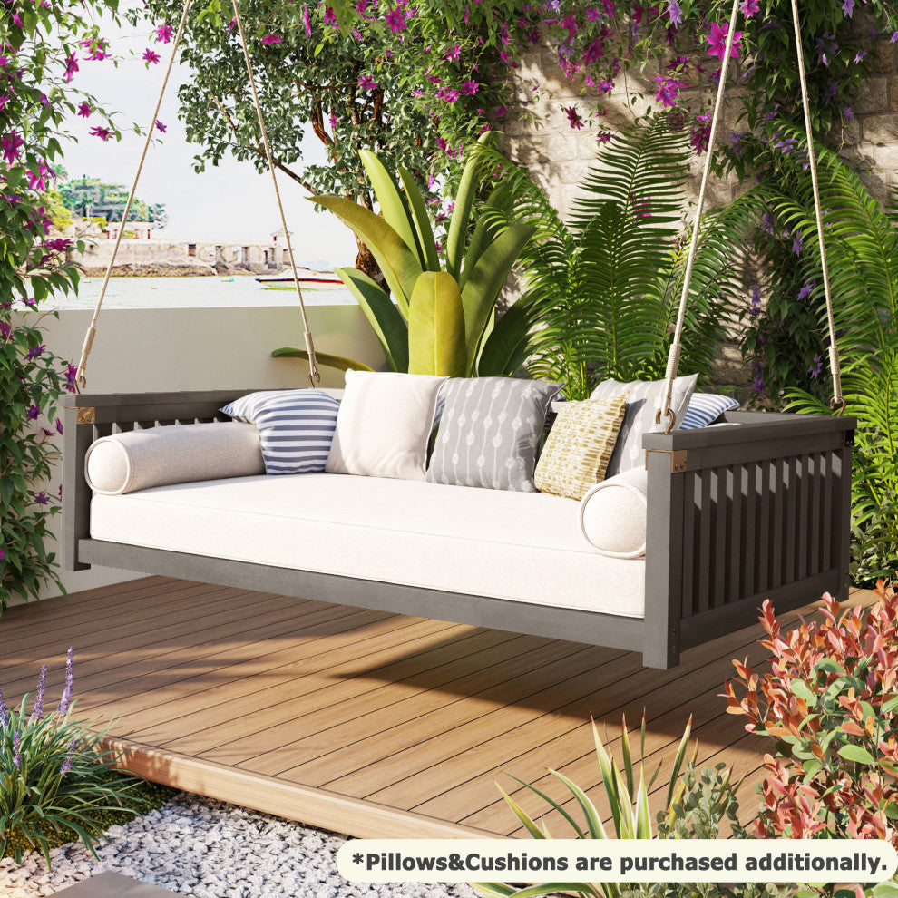 GDF Studio Acacia Wood Twin Size Garden Porch Swing Bed, Gray