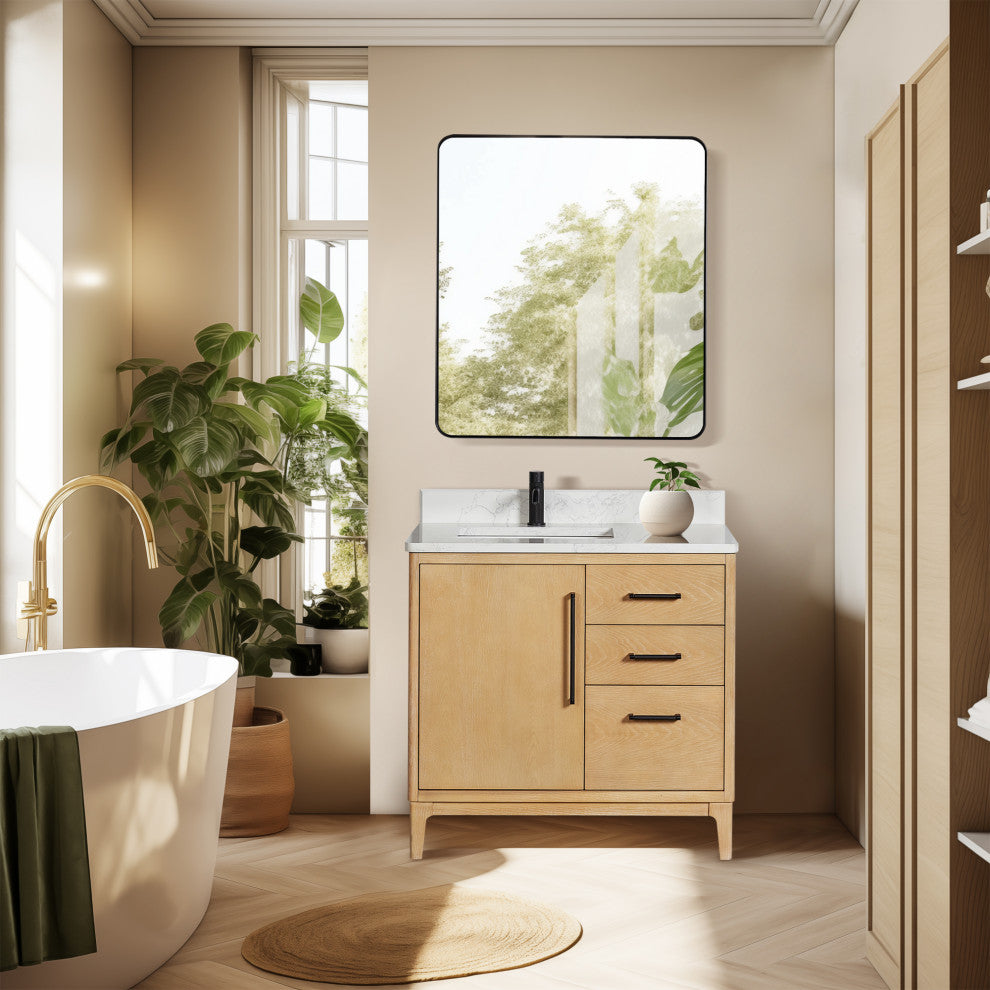 Gara Bath Vanity, Stone Top, Washed Ash Grey, 36", Single Vanity, No Mirror