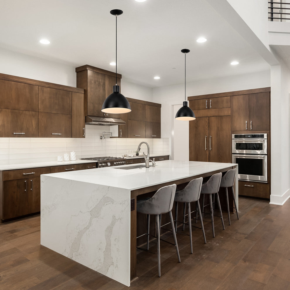 1-Light Matte Black and Brushed Nickel Pendant Light With Bowl Metal Shade