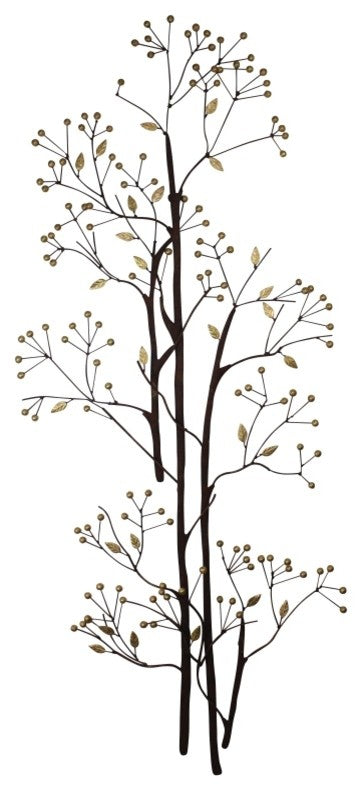 Tall 61" Brown Gold Leaf Branch Wall Art, Metal Berry Open